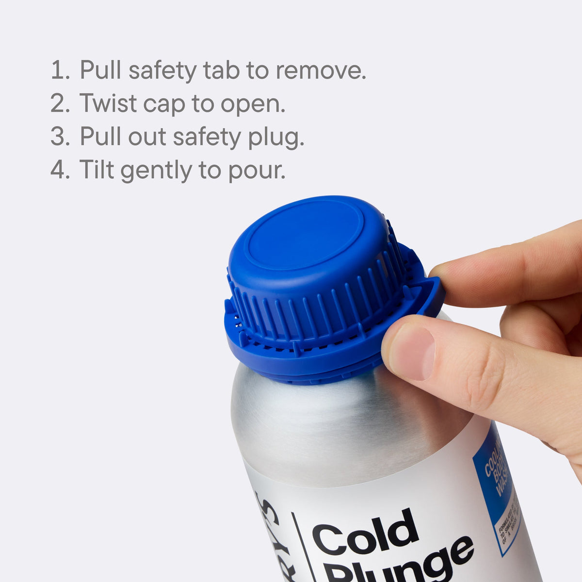Hand opening a bottle labeled 'Cold Plunge' with step-by-step instructions on how to use it.